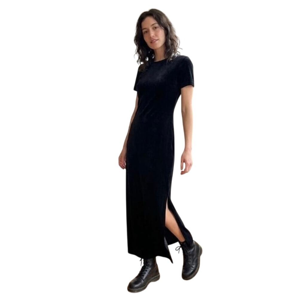 Vintage 90s Black Velvet Column Maxi Dress XS Short Sleeve Side Slit Gothic